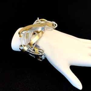 Adjustable Aluminum Cuff Bracelet – Lightweight Handmade Gold & Silver Wire-Wrapped Wearable Art Jewelry – Unique Gift