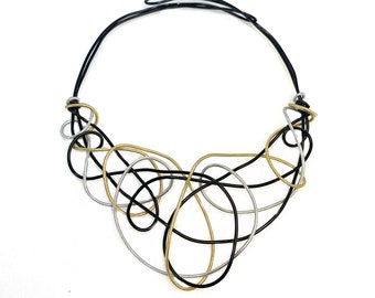 Modern Unique Aluminum Abstract choker  Lightweight statement choker Gold Silver and Black wire necklace Wearable Art Boho Choker