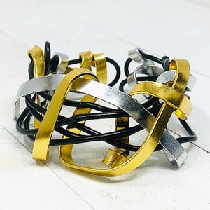 Chunky Unique adjustable statement bracelet, Dramatic Lightweight bracelet, Gold silver wire cuff Wearable art bracelet, Handmade