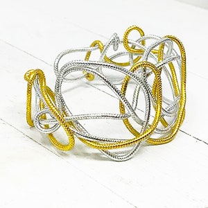 Adjustable Unique Aluminum Cuff Bracelet, Lightweight Aluminum Bracelet, Gold Silver Combination Bracelet, Wearable Art Bracelet, Handmade