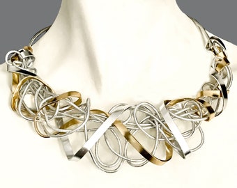 Unique Aluminum Wire Statement choker,  Lightweight organic choker, Gold, Silver wire freeform necklace, Wearable Art Necklace, Handmade.