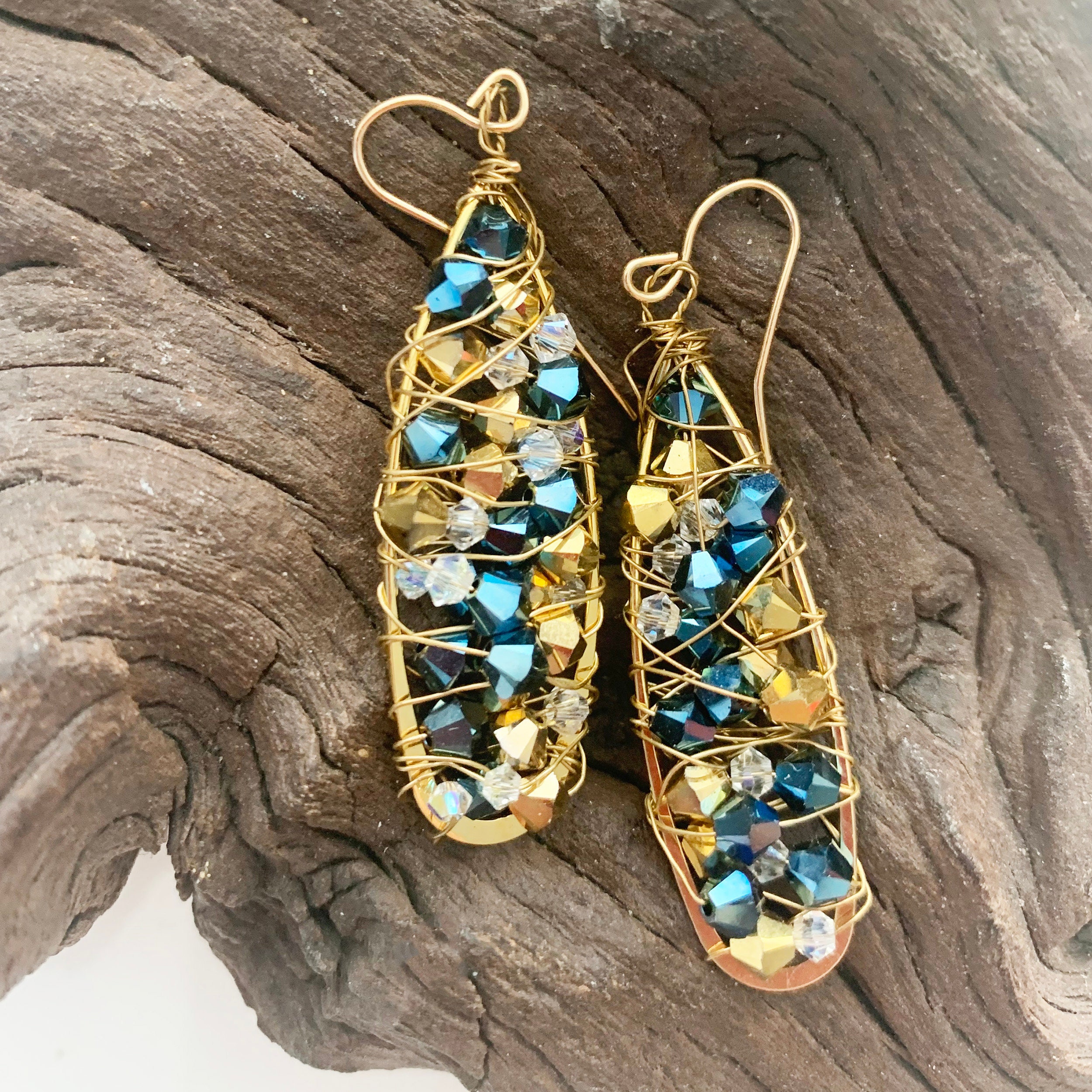 Dramatic Long Blue Crystal Earrings, Sparkly Gold Teardrop Shape ...