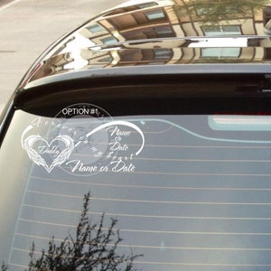 Personalized Forever in my Heart Infinity with Wings Hugging Heart Car Decal with Name and dates