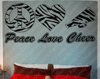 Zebra Print Peace Love Cheer Wall Decal, Removable Vinyl Decor