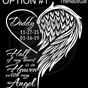 Personalized Half my heart in in Heaven Heart and Wings Car Decal with Name and dates