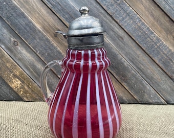 Antique Cranberry Glass Syrup Pitcher – Spiral Optic, Victorian Hinged Lid