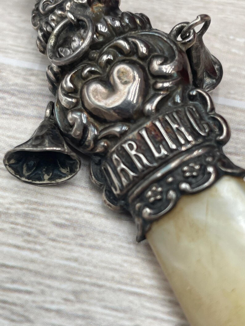 Antique Silver Baby Rattle – Mother of Pearl Christening Keepsake ...