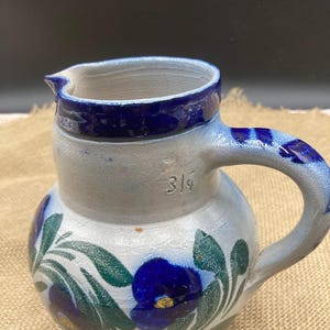 Vintage Pitcher Jug Cobalt Blue, Signed Gres D’Alsace French Salt Glazed Pottery Curved Handle Ice Spout Pitcher France Farmhouse Decor Gift