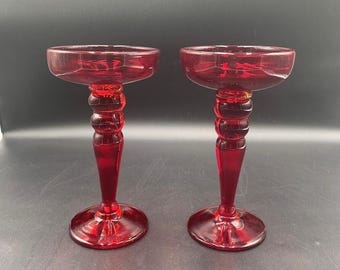 Vintage Blenko GLOWS Ruby Red Candle Holder, Pair MCM Pedestal Pillar 9" t, 4.5" w & 4" base