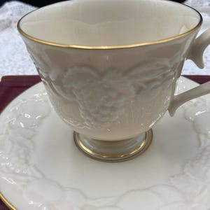Lenox Cups and Saucers Set Ivory Porcelain Gold Trim Bas Relief Fruit of life Embossed design Life Blessings Original price tags Hand Wash