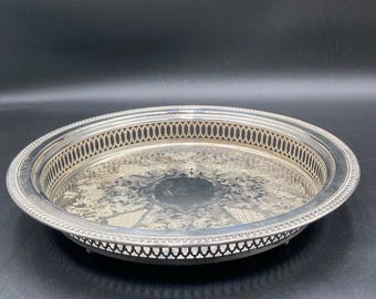Vintage Round Footed Silver Plate Serving Tray. Victorian pattern. Reticulated sides. Unmarked