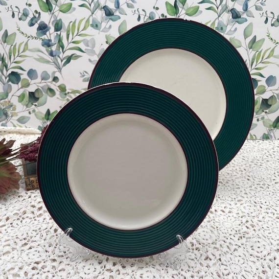 Vintage Pagnossin Ironstone Plates: Green Band, Maroon Trim, Made