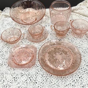 Vintage pink depression dishes "Sharon" or cabbage rose pattern, Federal Glass Co. 1930s. Plates, cups & saucers, sugar and creamer, bowls