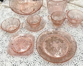 Vintage pink depression dishes "Sharon" or cabbage rose pattern, Federal Glass Co. 1930s. Plates, cups & saucers, sugar and creamer, bowls