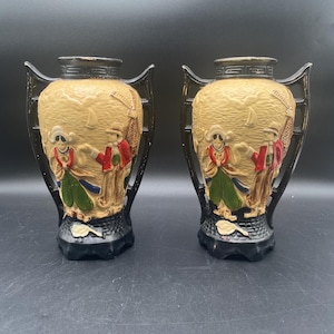 Old Pottery Embosa Ware Vases Pair Dutch Windmill Scene Staffordshire England 1920s Relief Figural