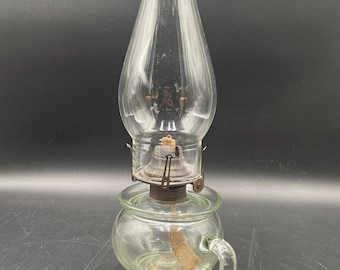 Antique Pressed Glass Oil Lamp with Beaded Shade & Handle