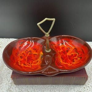 Vintage California Pottery Sequoia Candy Dish With Handle for Nuts, Trinkets, Jewelry Drip glaze dish Gift for Mom Retro Midcentury Modern
