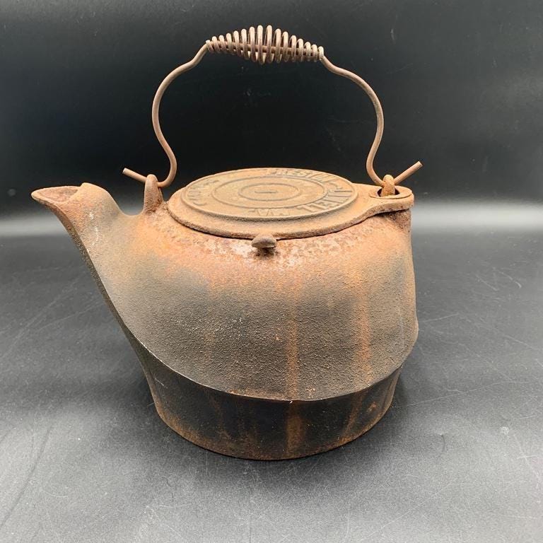Antique Cast Iron Preston Tea Kettle, Farmhouse Wood Stove Decor