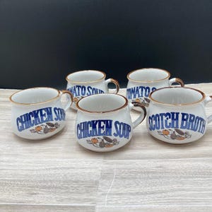 Vintage Soup Mugs | Vintage Soup Bowls | Chicken Soup | Scotch Broth | Retro Soup Bowls | Big Soup Bowls| Stackable| Retro 80s|Handles|Korea