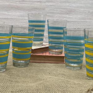 Retro Aqua & Yellow Striped Tumblers | 70s Vintage Glasses Set | Pool Party Vibes | Gift for Friends | Beach House Decor | 16oz Glassware