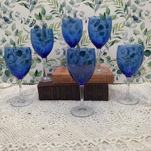 Vintage wine glasses blue clear stem vintage barware gift for friend dinner party wine glasses blue clear stems vintage gift for her