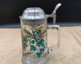 Alwe Hillscheid German beer stein featuring a heavy clear glass body pewter top. "Hopfen und Malz"  Rare find.