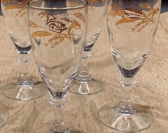Vintage Sherry Glasses, 1950s Homer Laughlin Prairie Gold Wheat Pattern, 24k Gold Rim, Mid-Century Cordial Set of 4