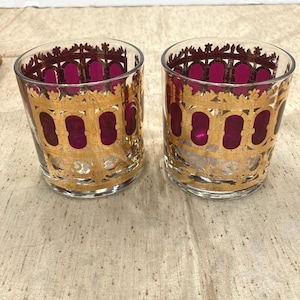 Vintage MCM Culver 22k Gold Cocktail Glasses|Signed|Red/purple color| Highball/Tumblers| Rocks| Barware|Gothic|Collector|Holiday decor|Gifts