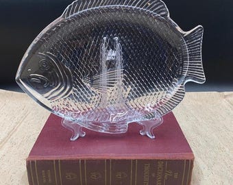 Vintage Anchor Hocking Pressed Glass Fish Plate, 1970s Coastal Dining Nautical Decor