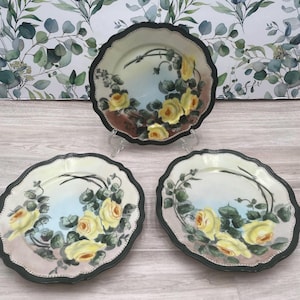 Three Vintage Hand painted Plates, Floral Plate with Roses, Decorative Plate Farmhouse Cottage core Kitchen Yellow Rose Plate Austrian made