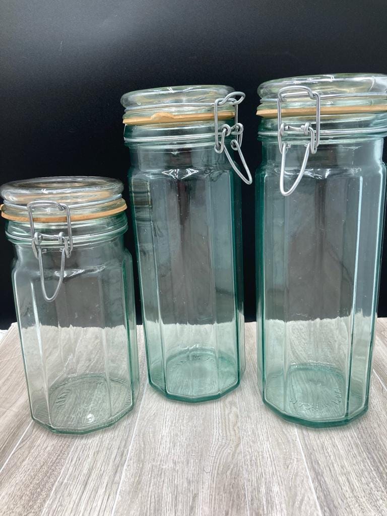 VINTAGE HERMETIC Tinted Green Glass Kitchen Pasta Storage Jars Made in Italy Retro 1980s Metal Latch Panel design Grandma Gift Cook Gift