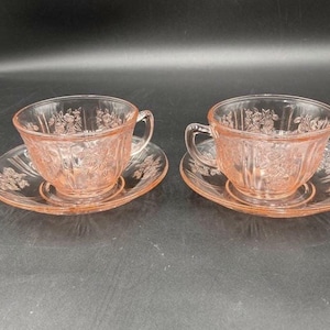 Vintage pink depression dishes "Sharon" or cabbage rose pattern, Federal Glass Co. 1930s. Plates, cups & saucers, sugar and creamer, bowls