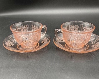 Vintage pink depression dishes "Sharon" or cabbage rose pattern, Federal Glass Co. 1930s. Plates, cups & saucers, sugar and creamer, bowls