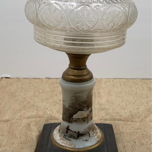 Antique 19th C. MILLER| &quot;Duplex&quot; Ornate Footed| Victorian Oil Lamp|BASE|Painted Tree trunk Base|embossed Glass|Grandma Gift|Mantle decor|26&quot;