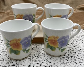 Vintage Corelle Summer Blush Coffee Cups: Pansy Floral Set of 4. 1990s