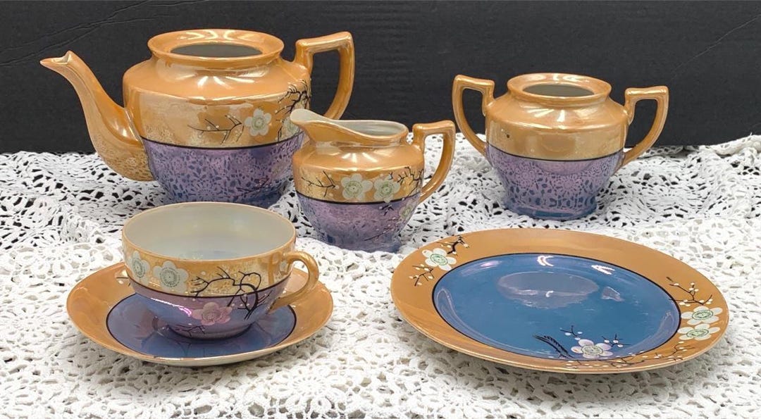 Luster Tea Set Vintage Lusterware Tea Set: Blue & Orange Cherry Blossom, 1930s Japan ...