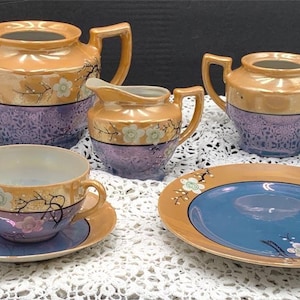 Vintage Blue & Orange Lusterware Tea Set | Cherry Blossom | 1930s Japan Porcelain | Cups Saucers Plates Teapot Creamer Sugar