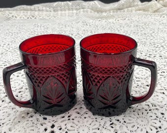 Vintage Cristal d'Arques Ruby Mugs: Mid-Century Cut Glass Pair
