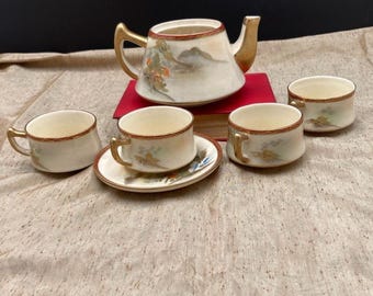 Vintage Japanese Tea Set: Hand-Painted Landscape, Gold Trim (Teapot, 4 Cups, 1 Saucer)