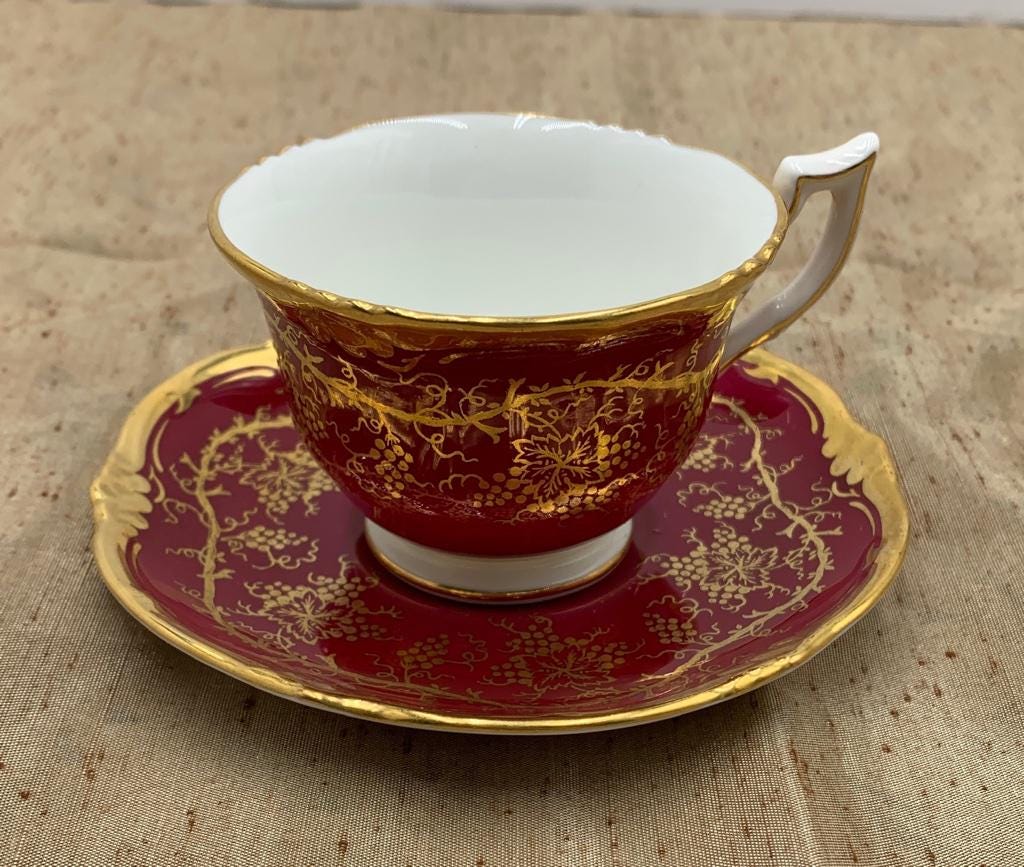 逸品　金彩装飾ハイハンドルC&S　アールデコ　Cauldon　英国アンティーク コウルドン 金彩薔薇絵 ダブルハンドル カップ＆ソーサー