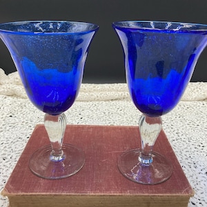 Vintage Cobalt Blue Hand blown Wine Glasses Clear stems barware gift for friend Retro wine glasses blue vintage gift for her Blue drink ware