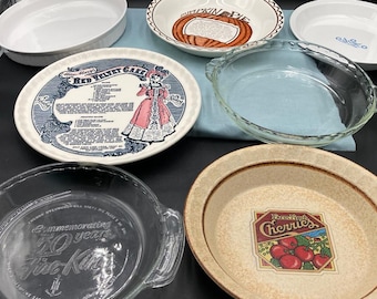 Vintage Pie Plates. Treasure Craft, Pyrex, Fire King (50th) Corning Ware. Some with recipes and graphics. 9" - 10"