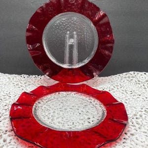 Vintage Ruby Red Glass 12" Dinner Plates: Ruffled Edge 9" Salad Plate
