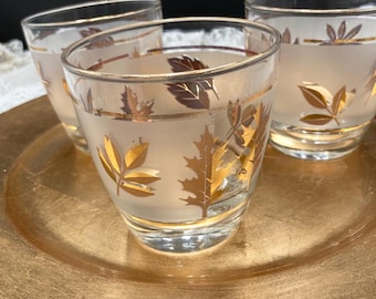 Vintage Libbey Golden Foliage Glasses: MCM Frosted Barware, Set of 3 Old fashioned Juice