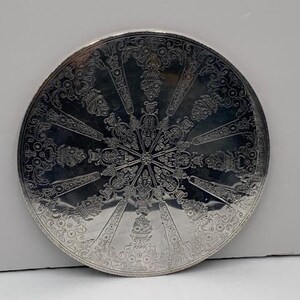 Vintage Sweden Engraved Round Silver Plated trivet or hot pad. Serving Tray. 7.5"