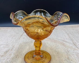 Vintage Marigold colored Embossed Leaf Glass Pedestal Candy Dish with Fluted Rim.