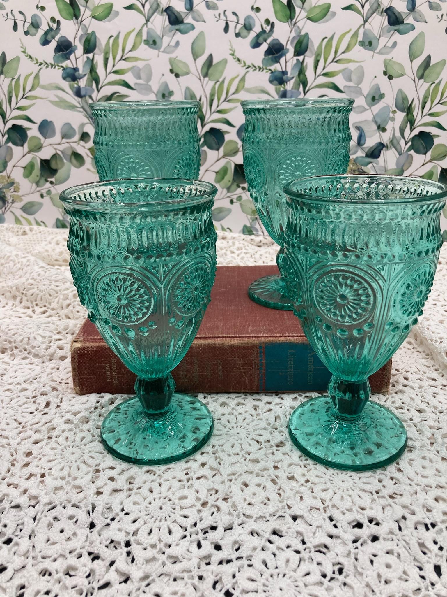 Set of four (4) Pioneer Woman Aqua Glasses, Vintage Turquoise Drinking Glasses, Farmhouse Kitchen Blue Green Goblets, Vintage Aqua Glaases