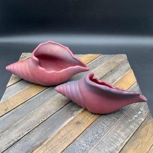 Van Briggle Pottery Shell Vase Pair Mulberry Matte Glaze Colo Spgs Signed AA Mark American Art Pottery Colorado 1920s Vintage Decor
