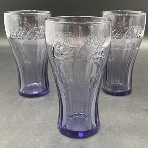 Coca Cola Amethyst Purple Glasses Bell Shaped McDonald&#39;s Promotional Set  of Three 12 Oz. Vintage 1980s Soda Fountain. Coke collectors Gift