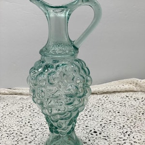 Vintage Pinord Carafe Pitcher | Green Clear Glass Decanter | Grape Cluster Pattern | Hand Blown Barware | Pedestal Handle | Gift Idea